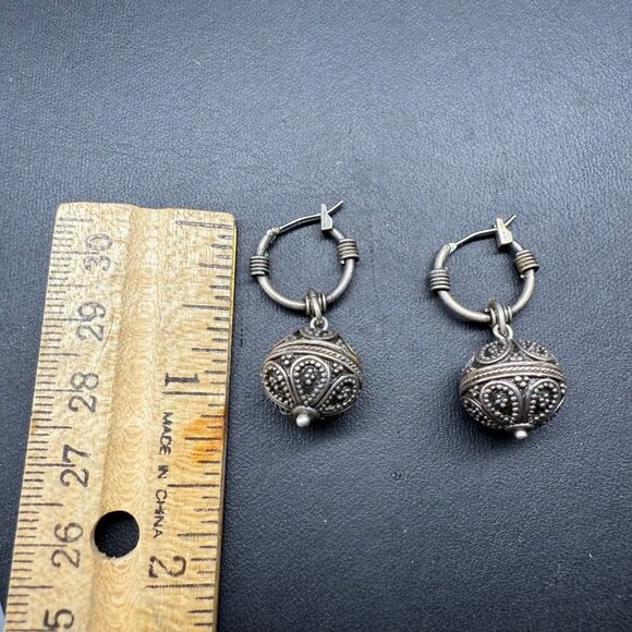 VTG Bali Granulation Bead Dangle Drop Earrings Silver Tone Ethnic Retro - Picture 5 of 5